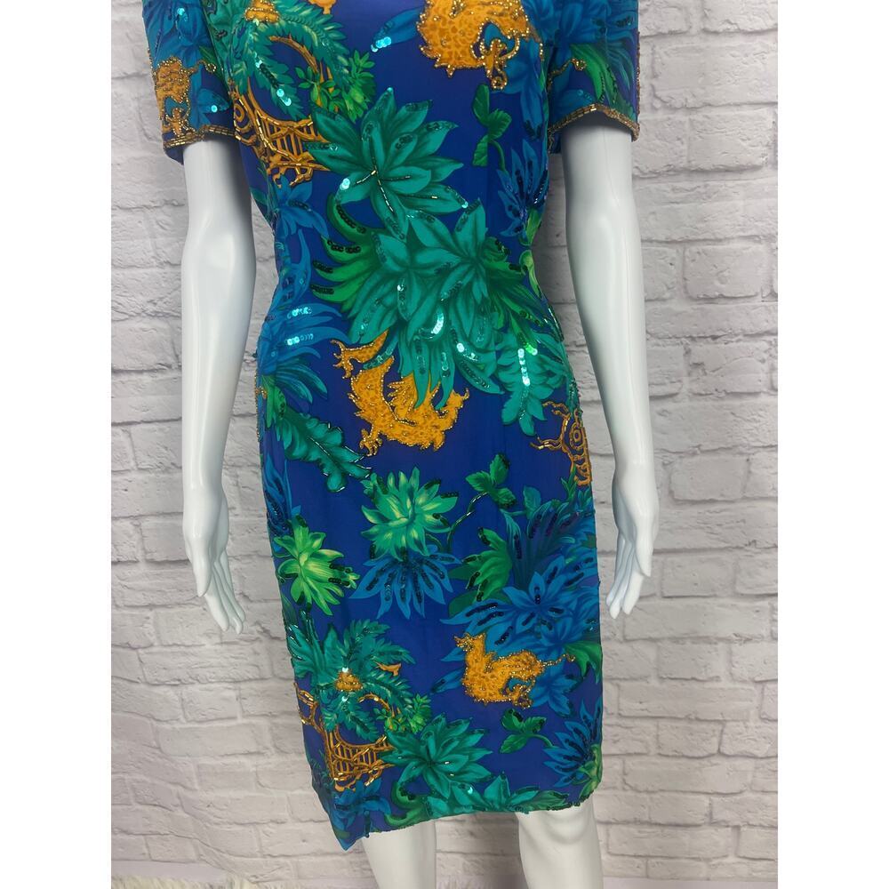 Vintage 1980s 100% Silk A.J. Bari Pattern Beaded and Sequins Dress - Picture 4 of 12